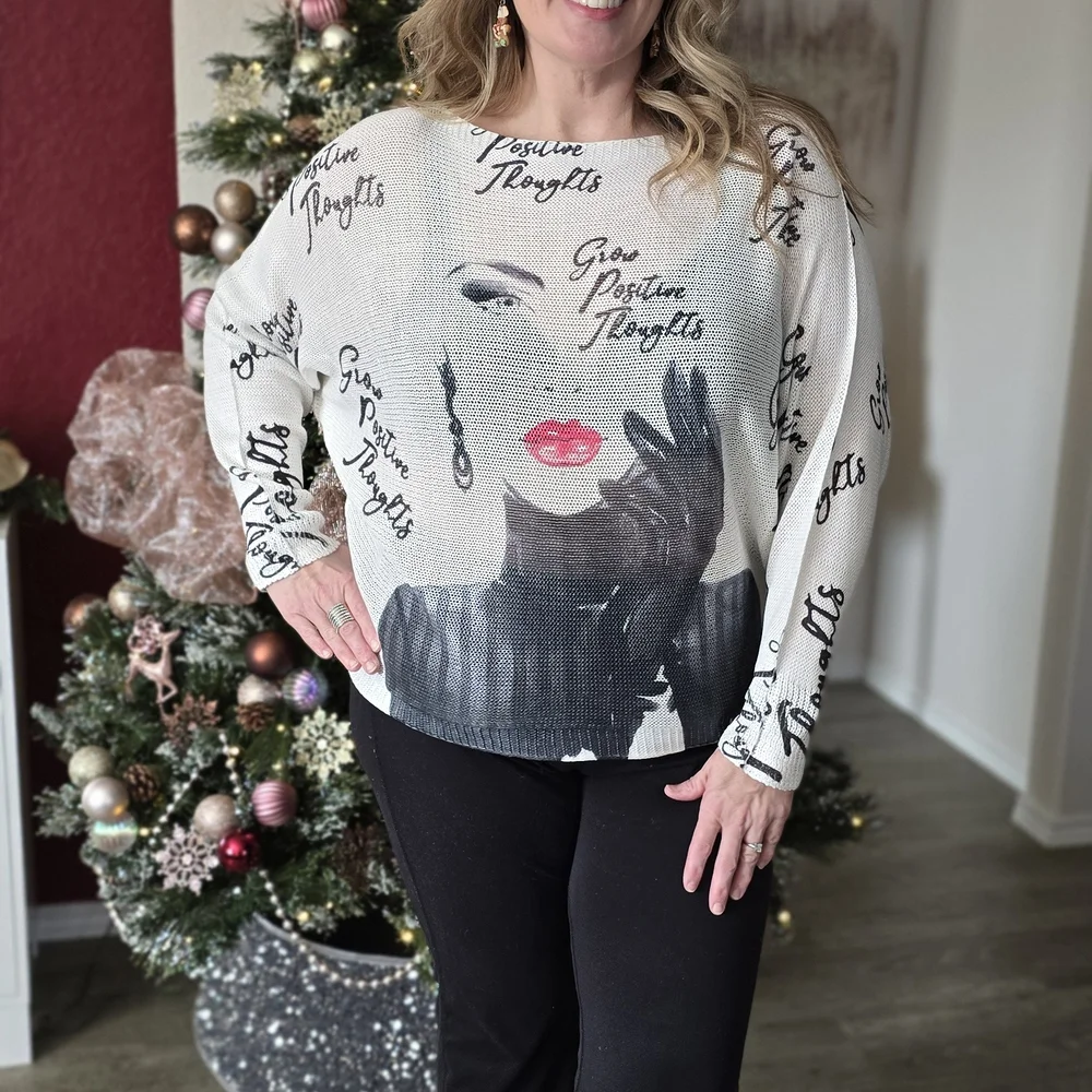 Women's Itailian GrowPositive Thoughts Graphic Batwing Sweater - White and Black - Picture 3 of 4